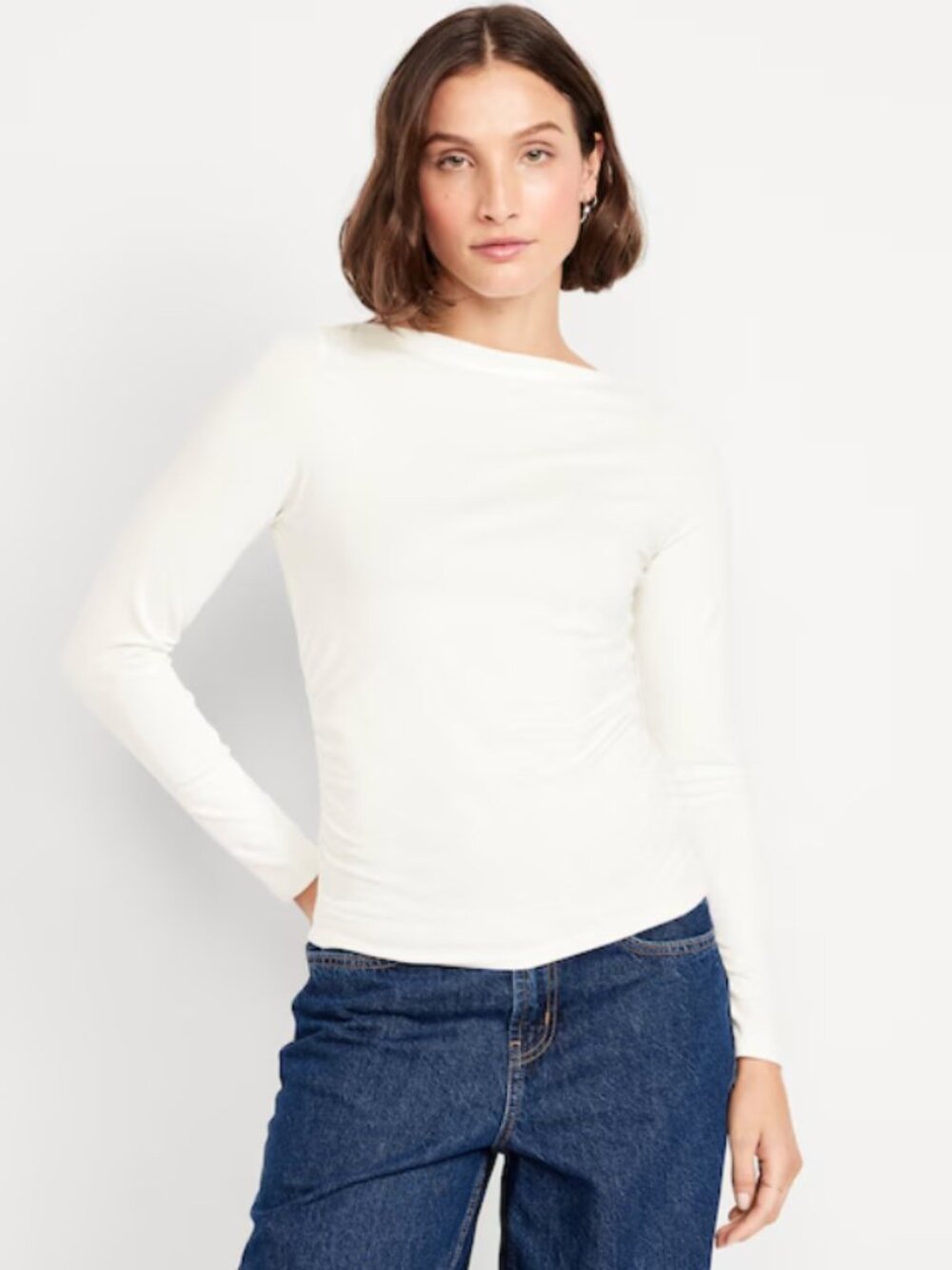 Old Navy Side Ruched Slit Boat Neck Long Sleeve‎ Top White NWT Sz XLP